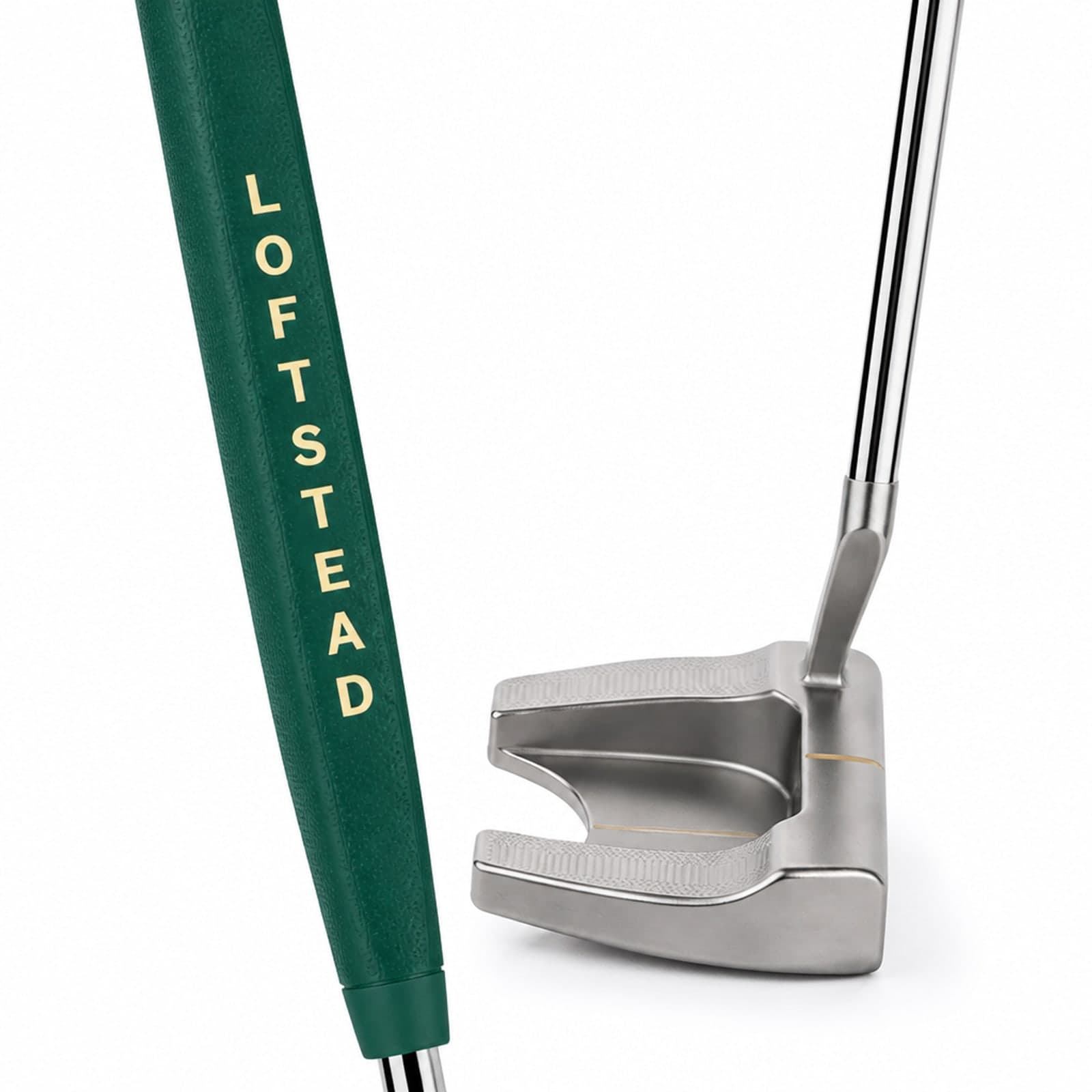 Close-up of the Loftstead name on the milled mallet putter grip and head