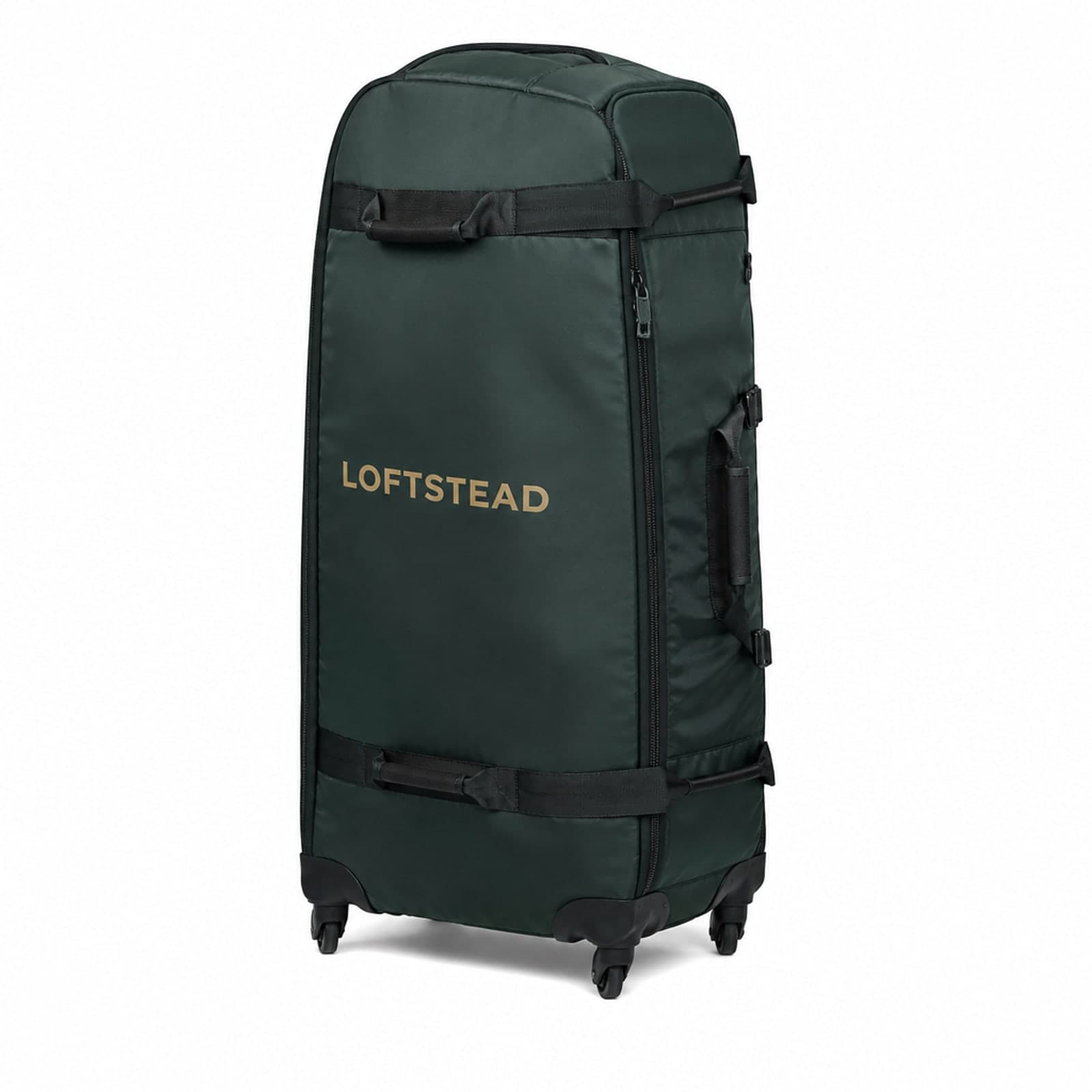 Loftstead armored travel cover in deep pine with the Loftstead name on the side, upright studio view