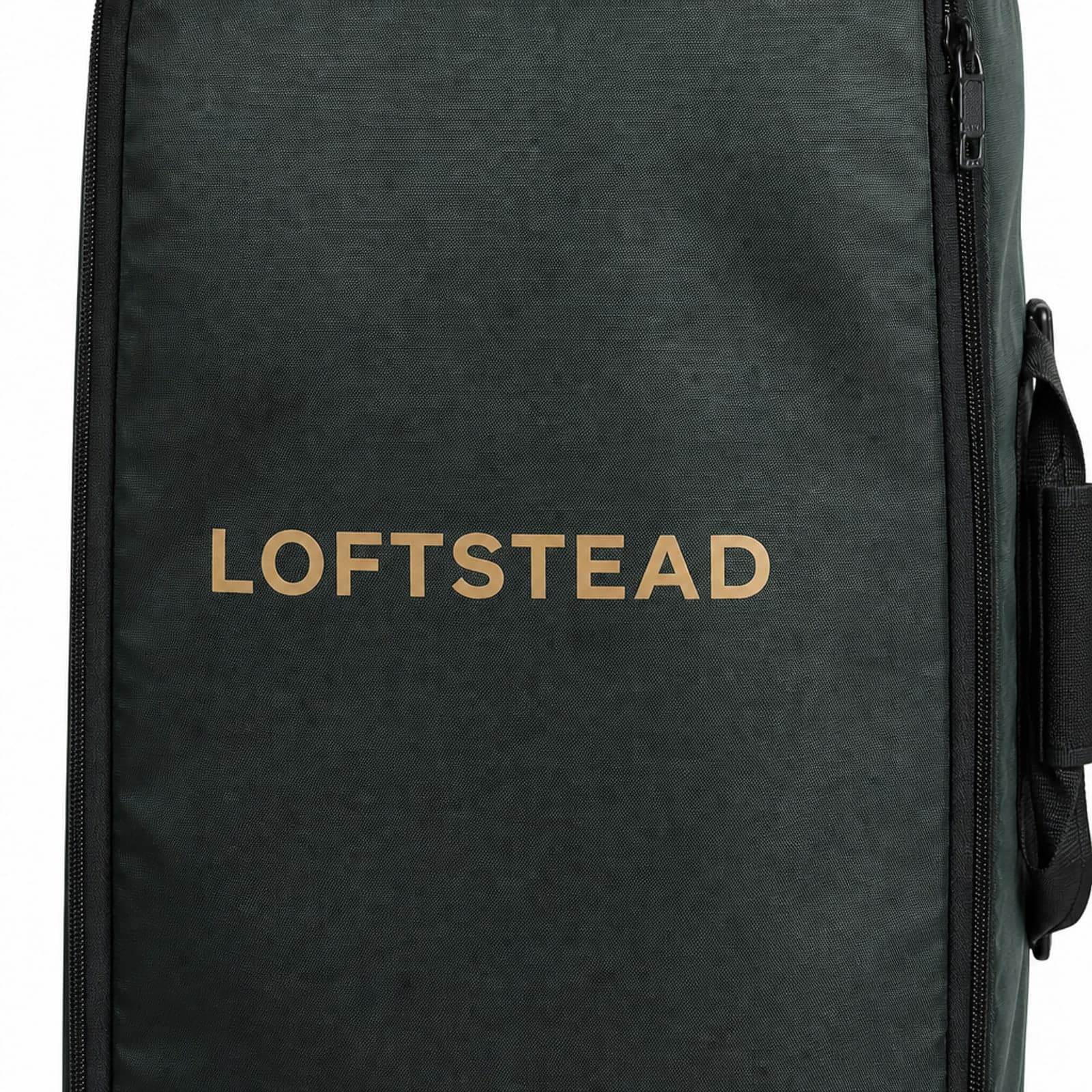 Close-up of the Loftstead name on the ballistic nylon travel cover